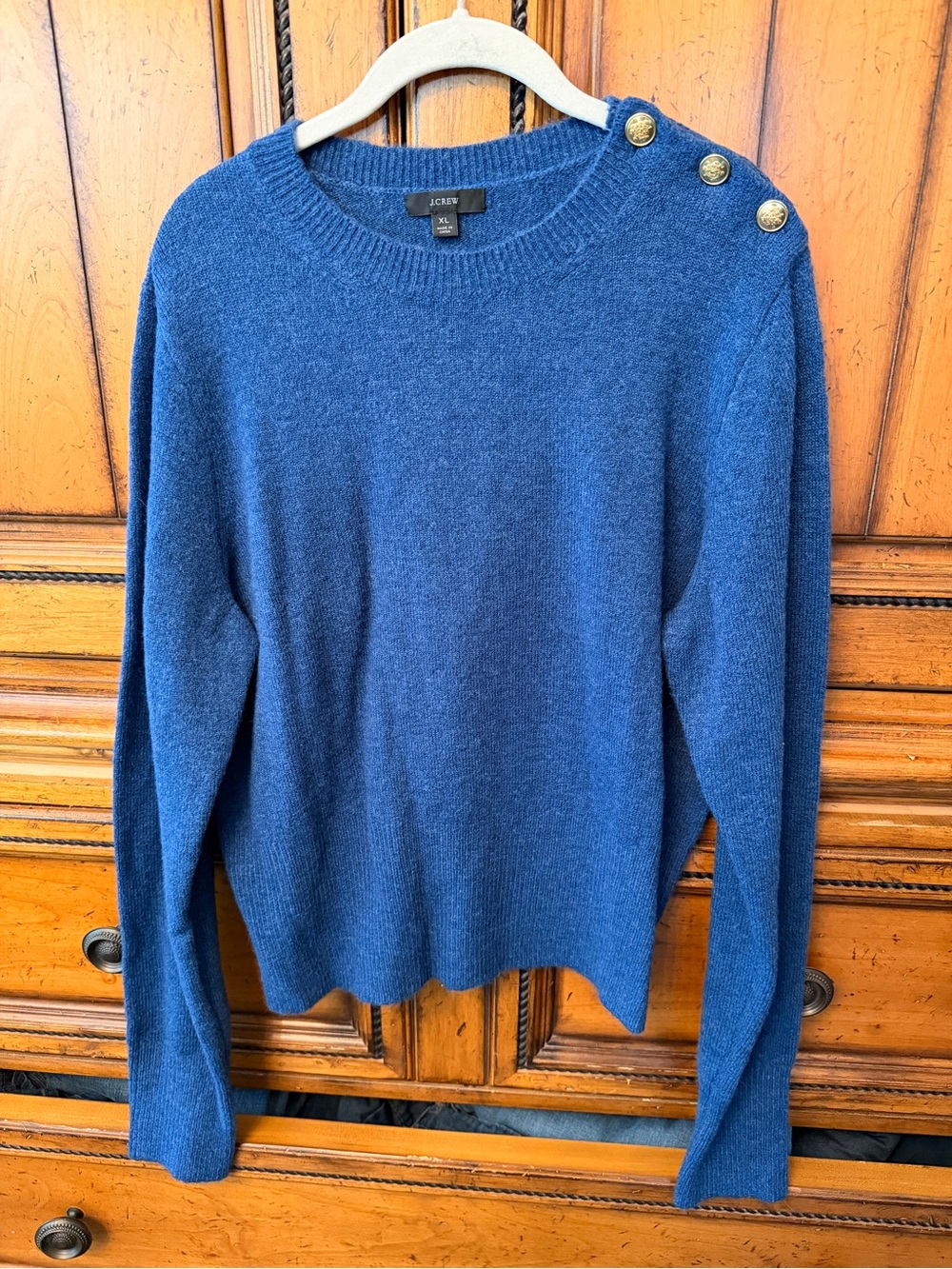 J. Crew Women's Navy Blue Crewneck Sweater with Gold Shoulder Buttons